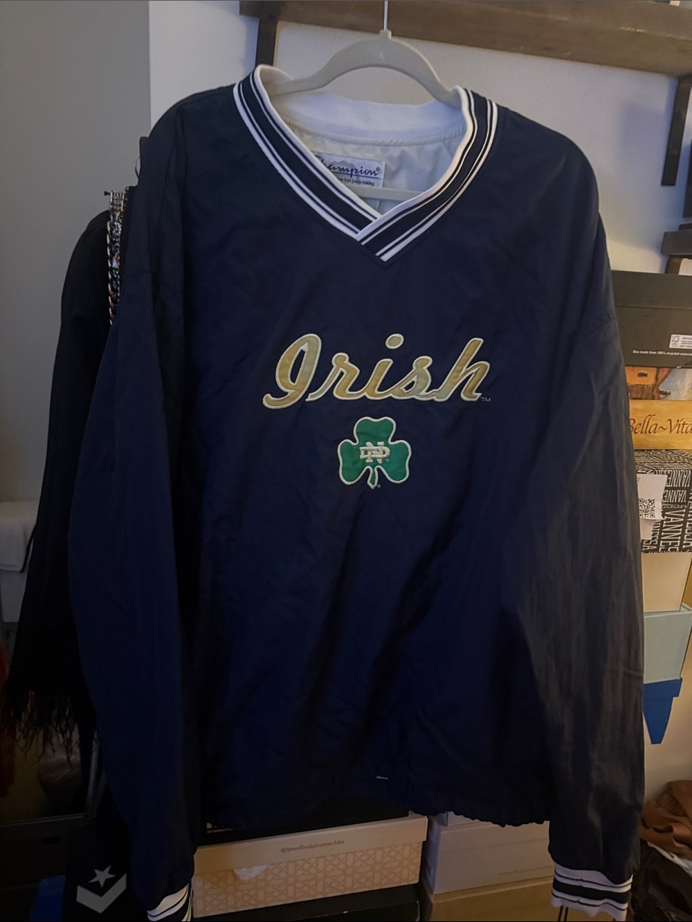 Champion Navy V-Neck Pullover with Gold 'Irish' Script and Green Shamrock